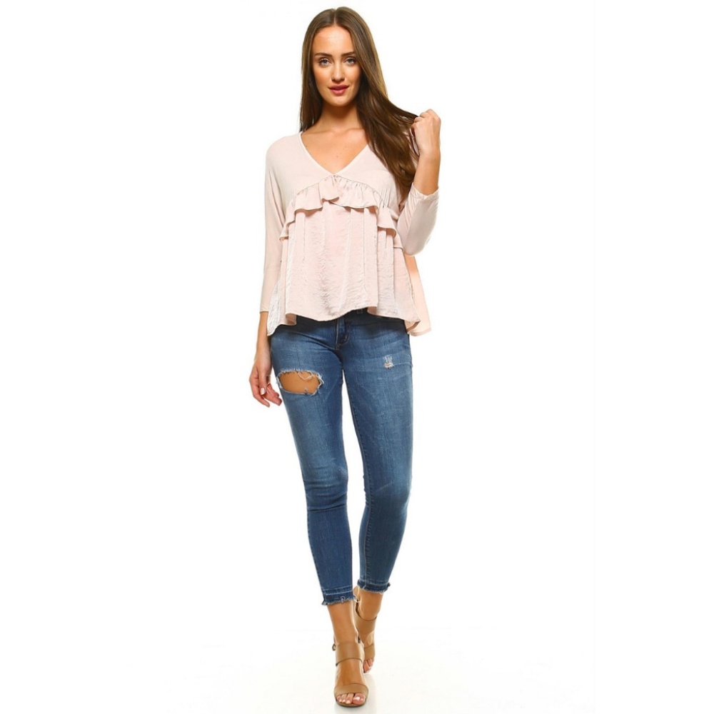 Women's Top Three Quarter Sleeves Open Back V-Neck - Picture 4 of 4
